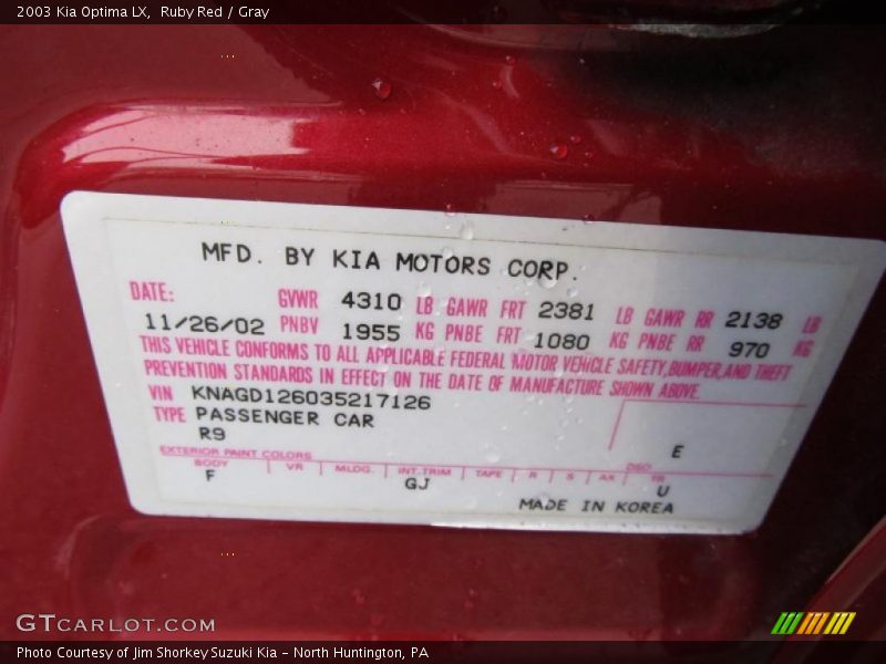 Ruby Red / Gray 2003 Kia Optima LX