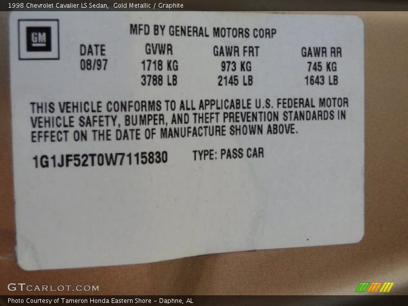 Info Tag of 1998 Cavalier LS Sedan