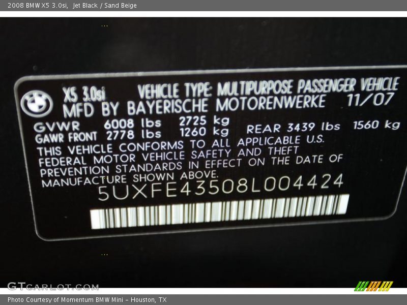 Jet Black / Sand Beige 2008 BMW X5 3.0si
