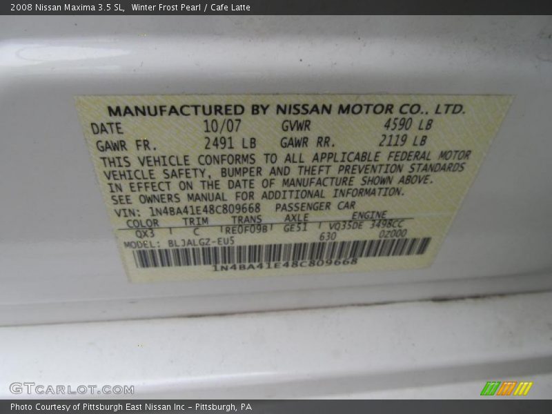 Winter Frost Pearl / Cafe Latte 2008 Nissan Maxima 3.5 SL