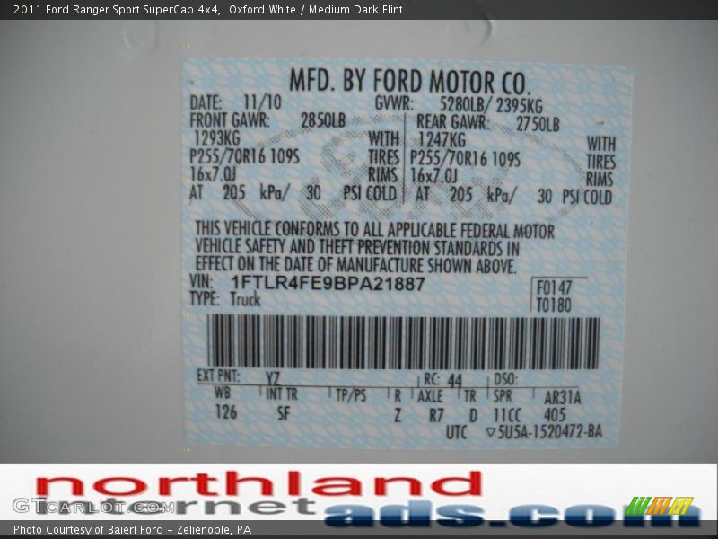 Oxford White / Medium Dark Flint 2011 Ford Ranger Sport SuperCab 4x4