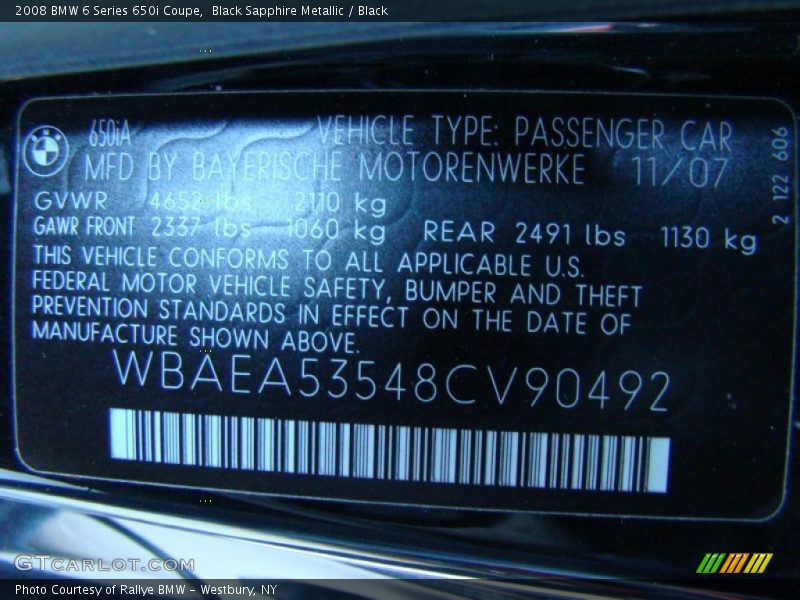 Info Tag of 2008 6 Series 650i Coupe