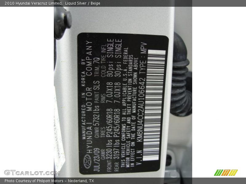 2010 Veracruz Limited Liquid Silver Color Code SLS