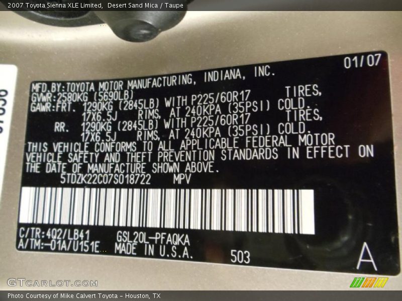 Desert Sand Mica / Taupe 2007 Toyota Sienna XLE Limited