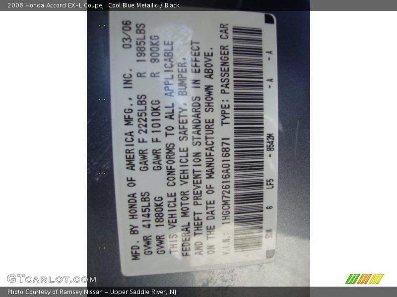 Cool Blue Metallic / Black 2006 Honda Accord EX-L Coupe