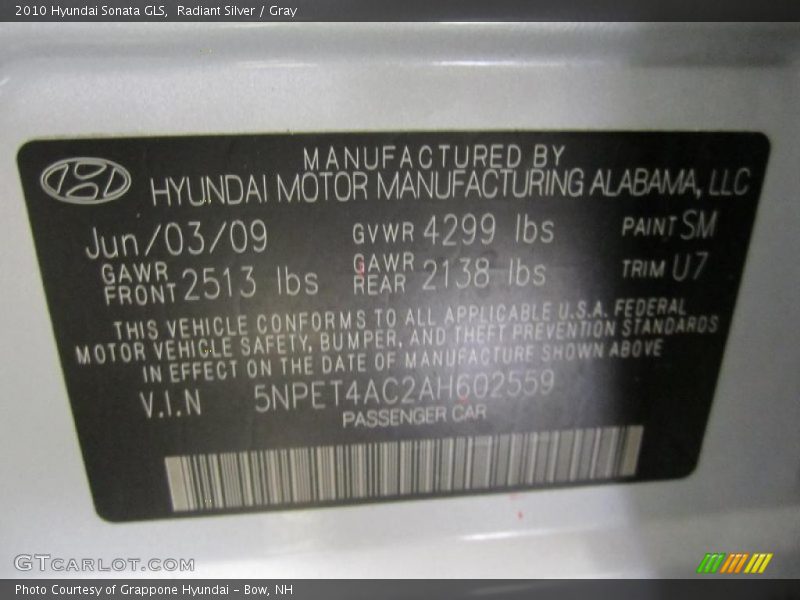 Radiant Silver / Gray 2010 Hyundai Sonata GLS