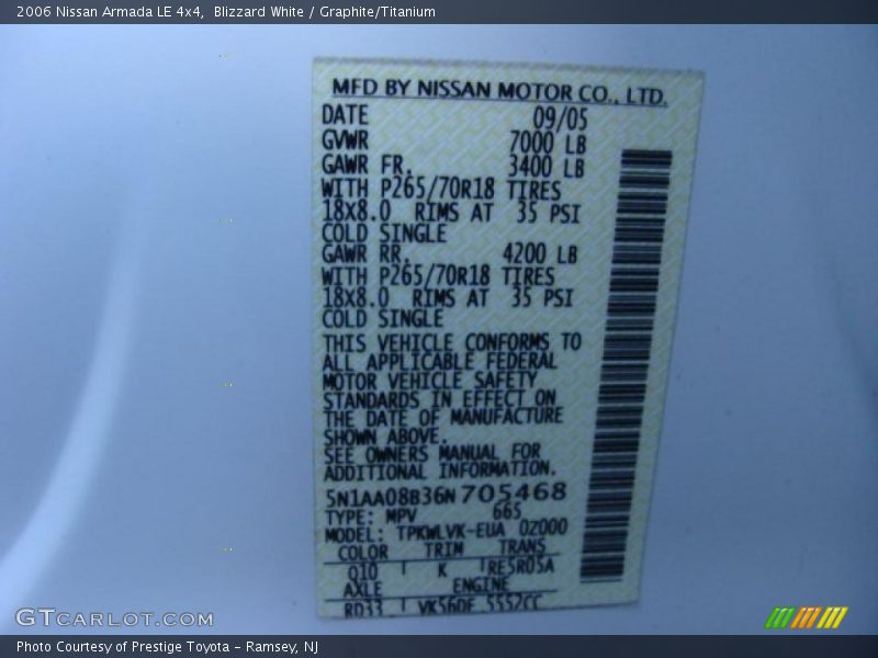 Blizzard White / Graphite/Titanium 2006 Nissan Armada LE 4x4