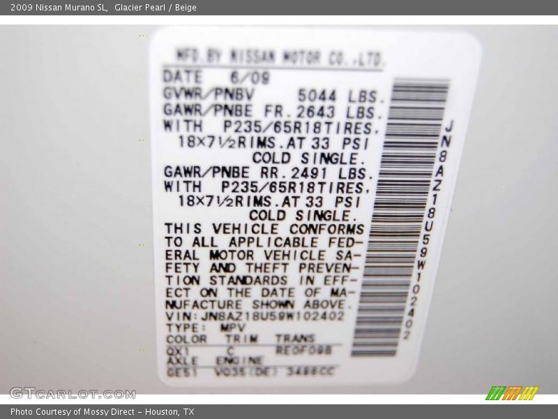 Glacier Pearl / Beige 2009 Nissan Murano SL