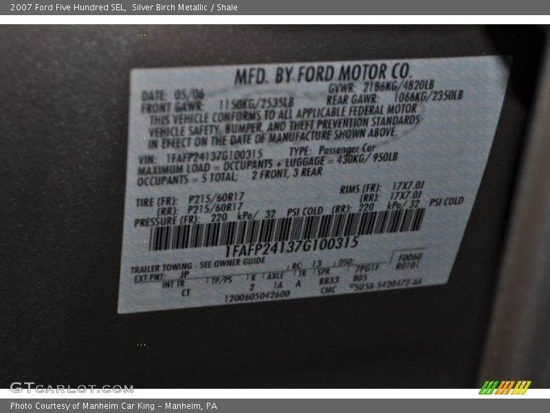 Silver Birch Metallic / Shale 2007 Ford Five Hundred SEL