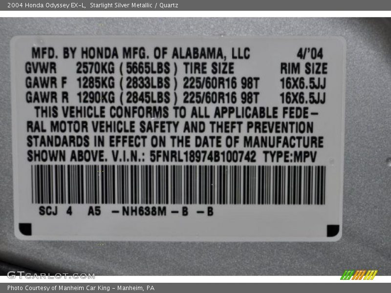 Starlight Silver Metallic / Quartz 2004 Honda Odyssey EX-L