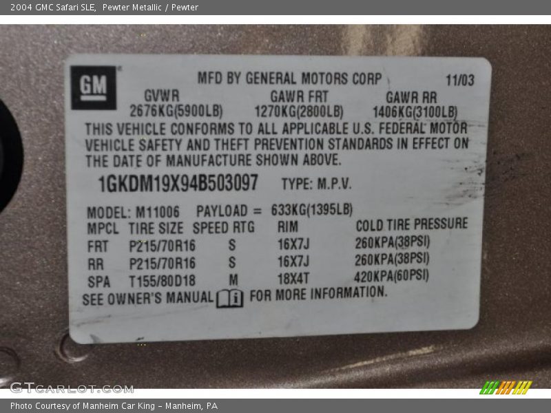 Pewter Metallic / Pewter 2004 GMC Safari SLE