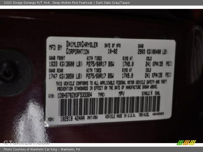 Deep Molten Red Pearlcoat / Dark Slate Gray/Taupe 2003 Dodge Durango R/T 4x4