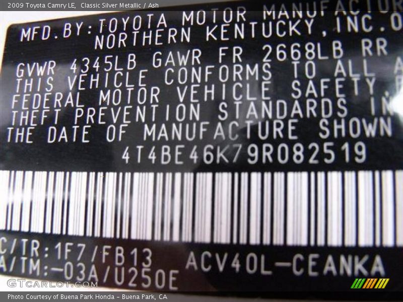 Classic Silver Metallic / Ash 2009 Toyota Camry LE