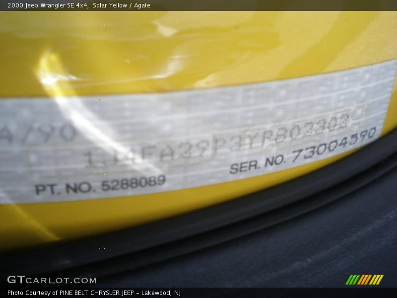 Solar Yellow / Agate 2000 Jeep Wrangler SE 4x4