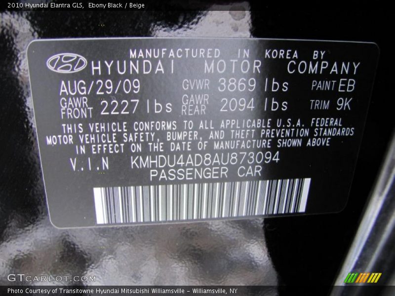 Ebony Black / Beige 2010 Hyundai Elantra GLS