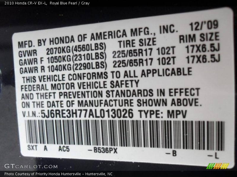Royal Blue Pearl / Gray 2010 Honda CR-V EX-L