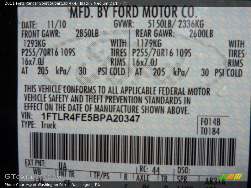 Black / Medium Dark Flint 2011 Ford Ranger Sport SuperCab 4x4