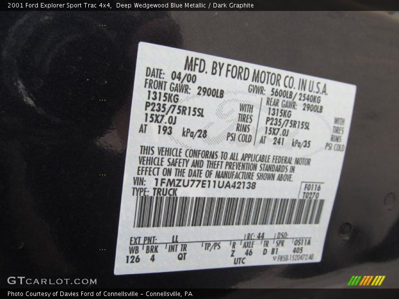 2001 Explorer Sport Trac 4x4 Deep Wedgewood Blue Metallic Color Code LL
