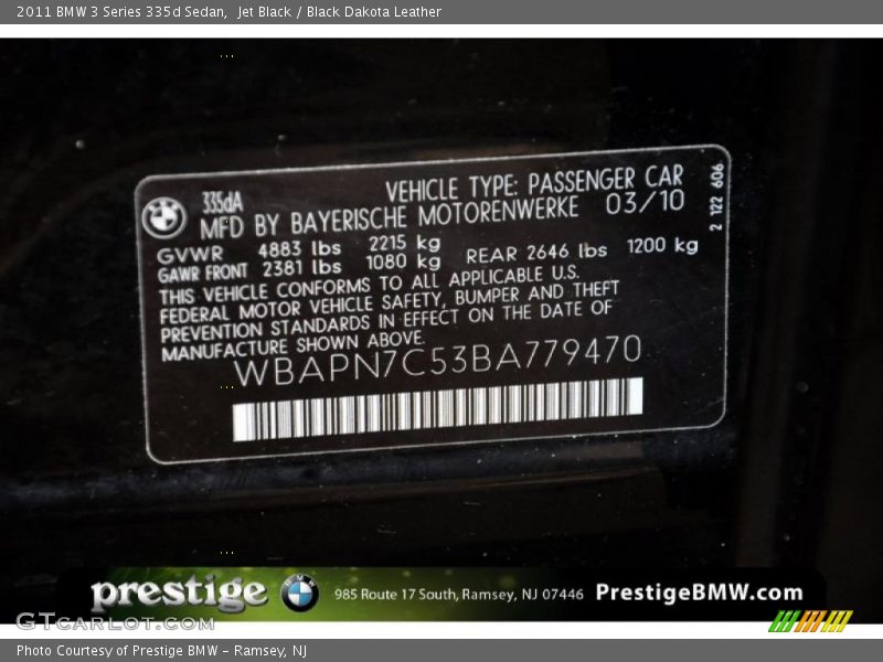 Jet Black / Black Dakota Leather 2011 BMW 3 Series 335d Sedan