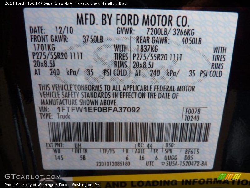 2011 F150 FX4 SuperCrew 4x4 Tuxedo Black Metallic Color Code UH