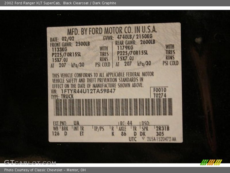 2002 Ranger XLT SuperCab Black Clearcoat Color Code UA