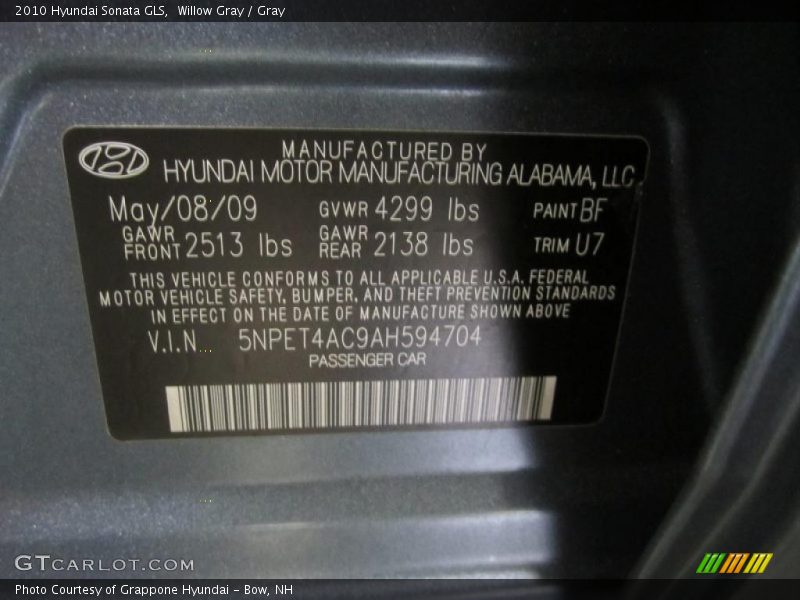 Willow Gray / Gray 2010 Hyundai Sonata GLS