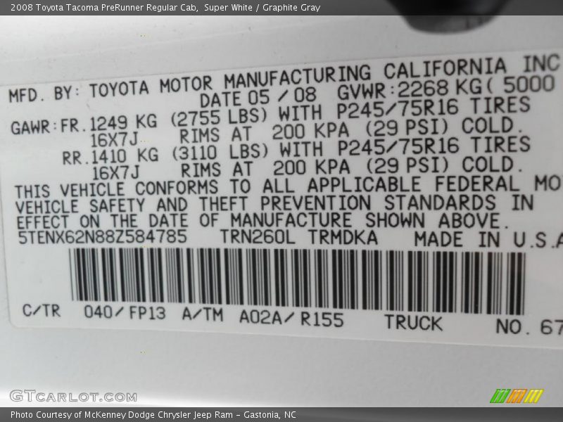 Super White / Graphite Gray 2008 Toyota Tacoma PreRunner Regular Cab