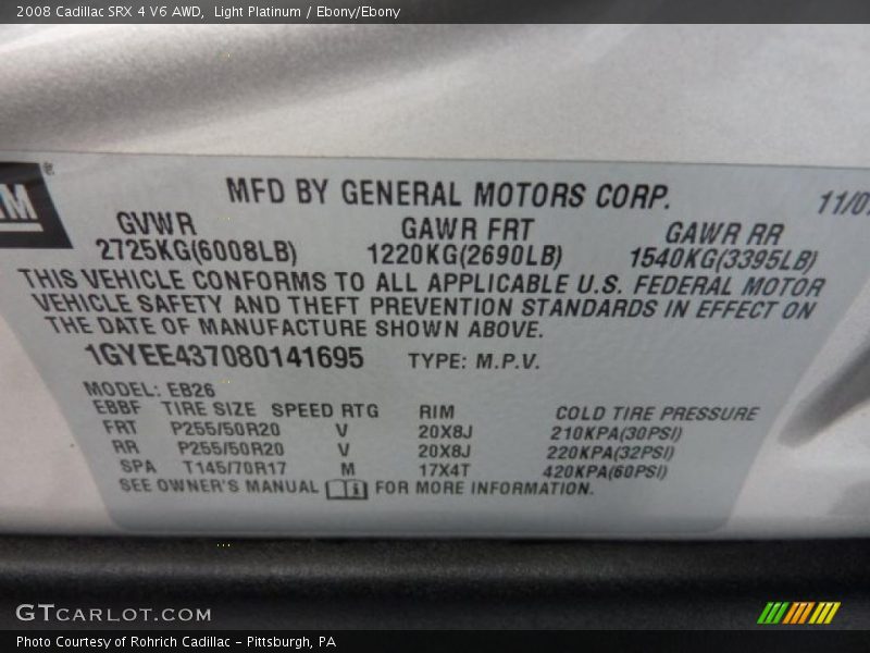 Light Platinum / Ebony/Ebony 2008 Cadillac SRX 4 V6 AWD