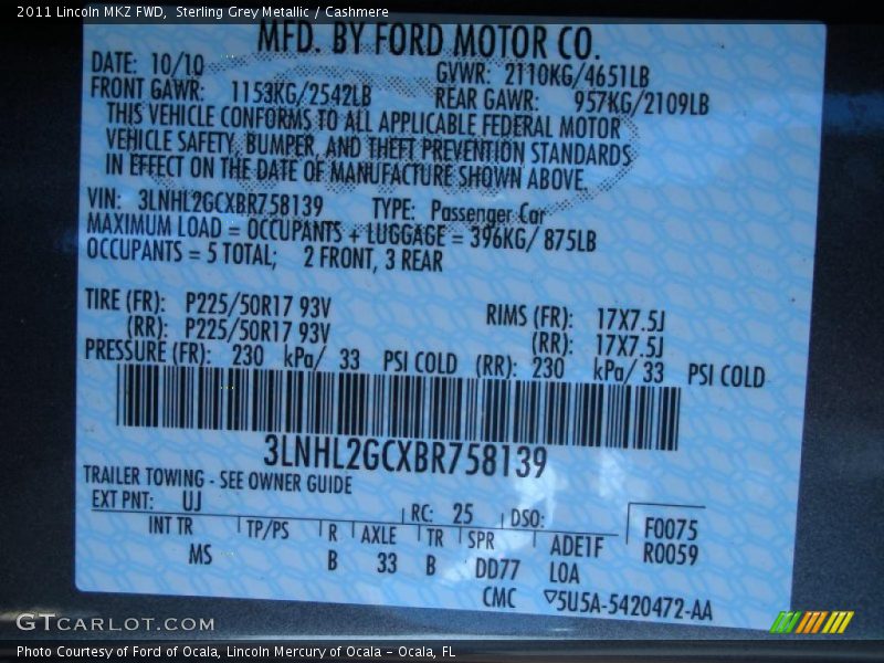 Sterling Grey Metallic / Cashmere 2011 Lincoln MKZ FWD