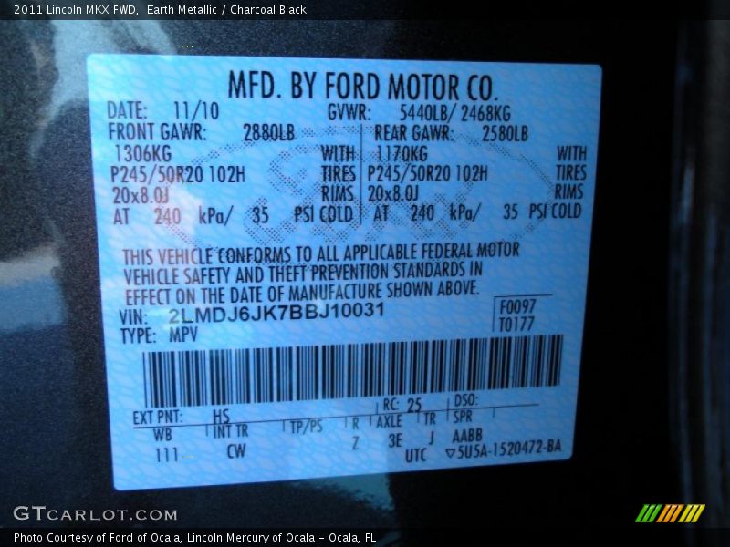 Earth Metallic / Charcoal Black 2011 Lincoln MKX FWD