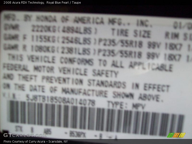 Royal Blue Pearl / Taupe 2008 Acura RDX Technology