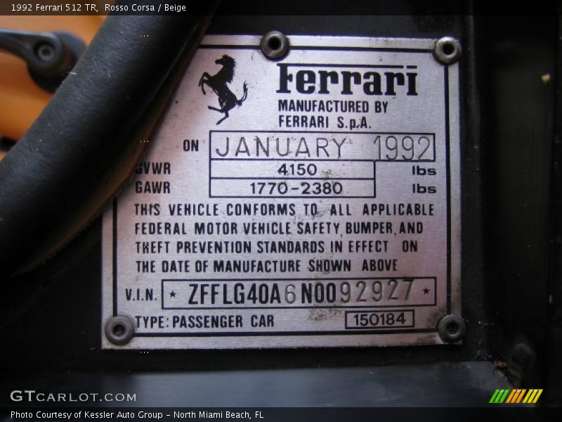 Info Tag of 1992 512 TR 