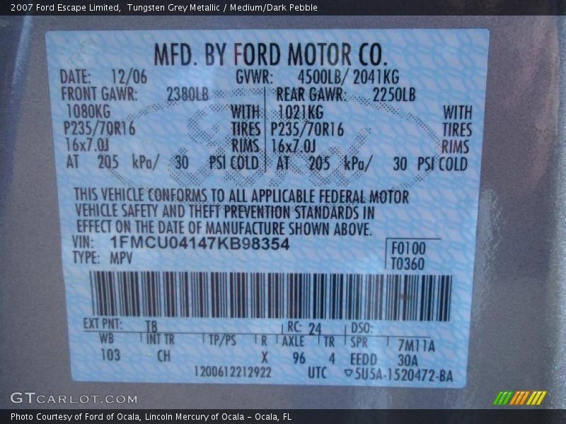 2007 Escape Limited Tungsten Grey Metallic Color Code T8
