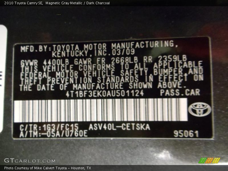 Magnetic Gray Metallic / Dark Charcoal 2010 Toyota Camry SE