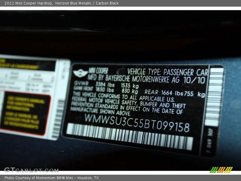 Horizon Blue Metallic / Carbon Black 2011 Mini Cooper Hardtop