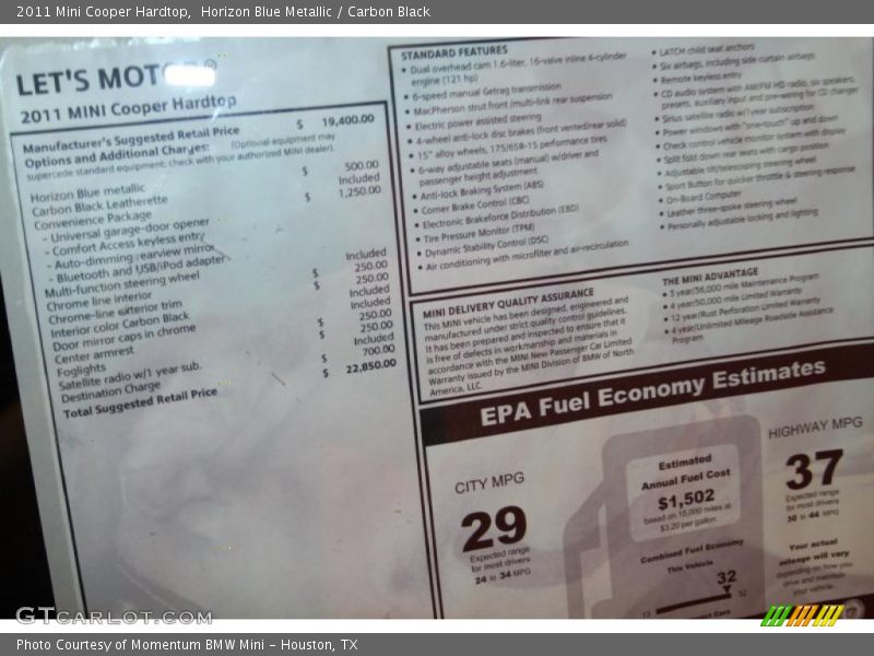 Horizon Blue Metallic / Carbon Black 2011 Mini Cooper Hardtop