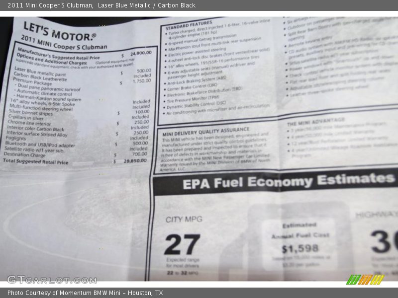 Laser Blue Metallic / Carbon Black 2011 Mini Cooper S Clubman