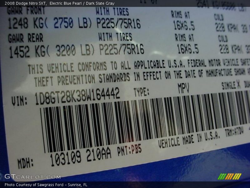 Electric Blue Pearl / Dark Slate Gray 2008 Dodge Nitro SXT