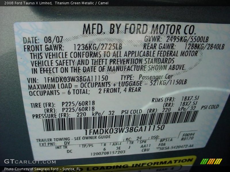 2008 Taurus X Limited Titanium Green Metallic Color Code DV