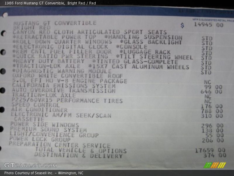  1986 Mustang GT Convertible Window Sticker
