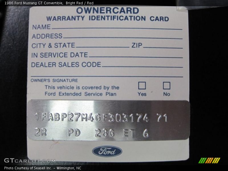 Info Tag of 1986 Mustang GT Convertible