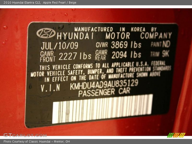 Apple Red Pearl / Beige 2010 Hyundai Elantra GLS