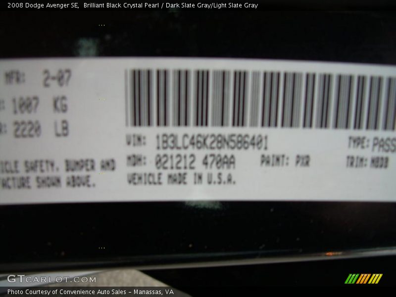 Brilliant Black Crystal Pearl / Dark Slate Gray/Light Slate Gray 2008 Dodge Avenger SE