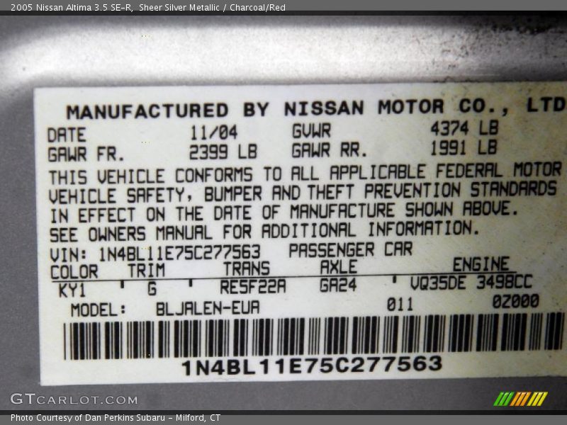 2005 Altima 3.5 SE-R Sheer Silver Metallic Color Code KY1