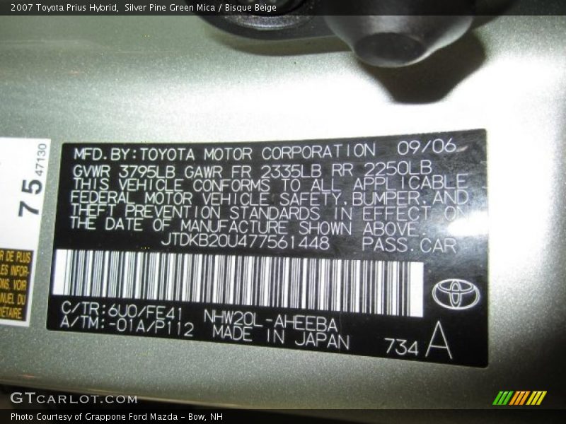 2007 Prius Hybrid Silver Pine Green Mica Color Code 6U0