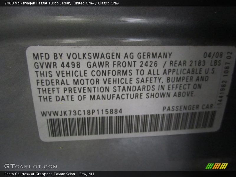 United Gray / Classic Gray 2008 Volkswagen Passat Turbo Sedan