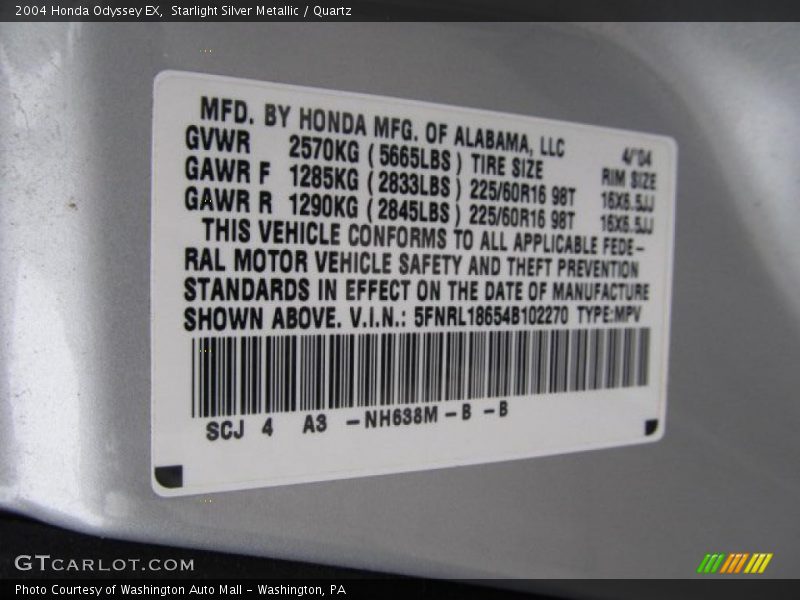 Starlight Silver Metallic / Quartz 2004 Honda Odyssey EX
