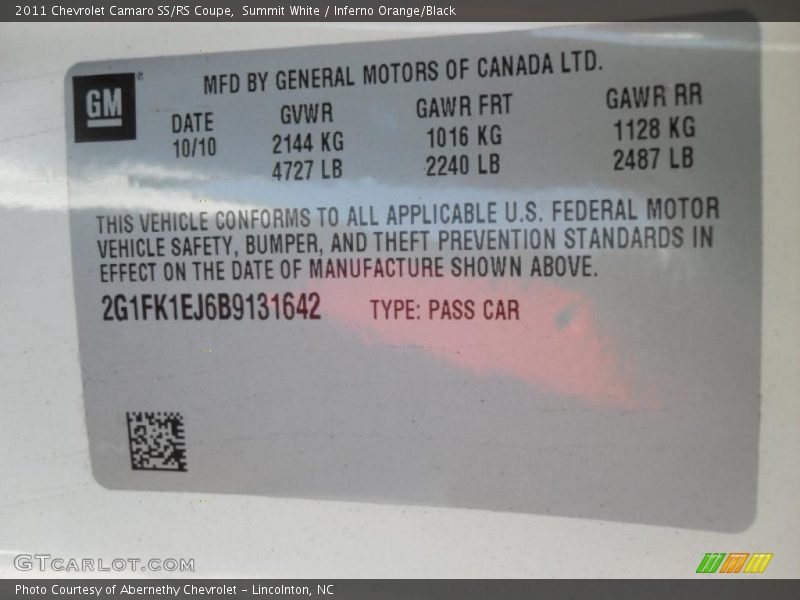 Summit White / Inferno Orange/Black 2011 Chevrolet Camaro SS/RS Coupe