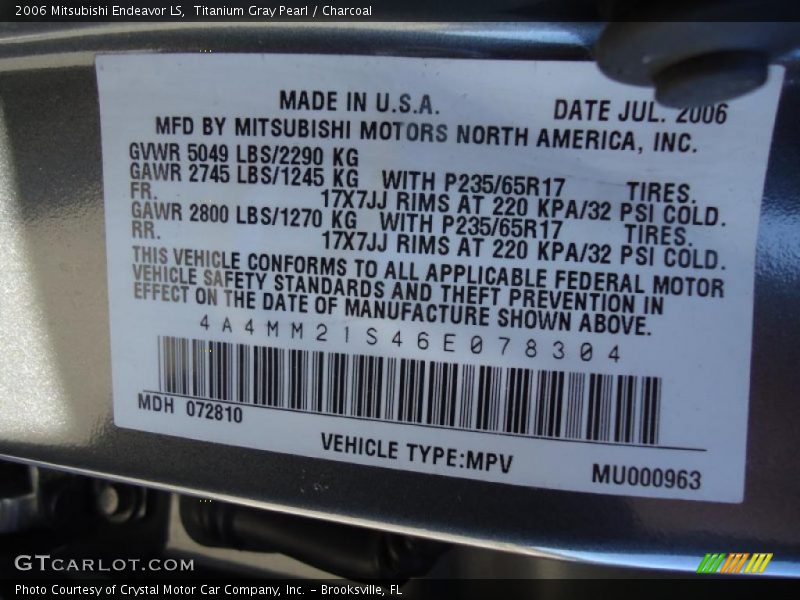 Titanium Gray Pearl / Charcoal 2006 Mitsubishi Endeavor LS