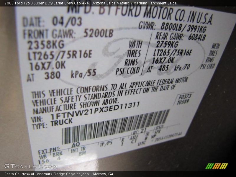 Arizona Beige Metallic / Medium Parchment Beige 2003 Ford F250 Super Duty Lariat Crew Cab 4x4